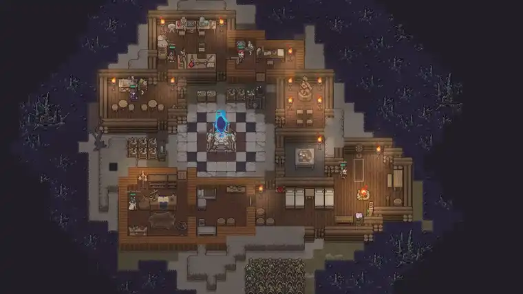 A finished settlement with wooden rooms around a glowing portal