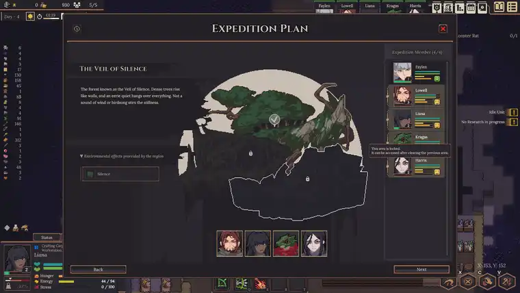 The Expedition Plan screen for the Veil of Silence with four party members